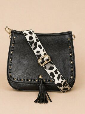Black Textured Vegan Leather Crossbody w/ Studded Trim & Leopard Strap